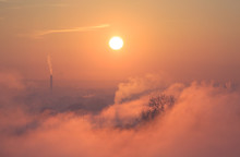 Smog, Fog And Pollution In Lyon During A Winter Sunrise.