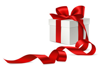 Wall Mural - decorative gift box with red bow and long beautiful ribbon. holiday background