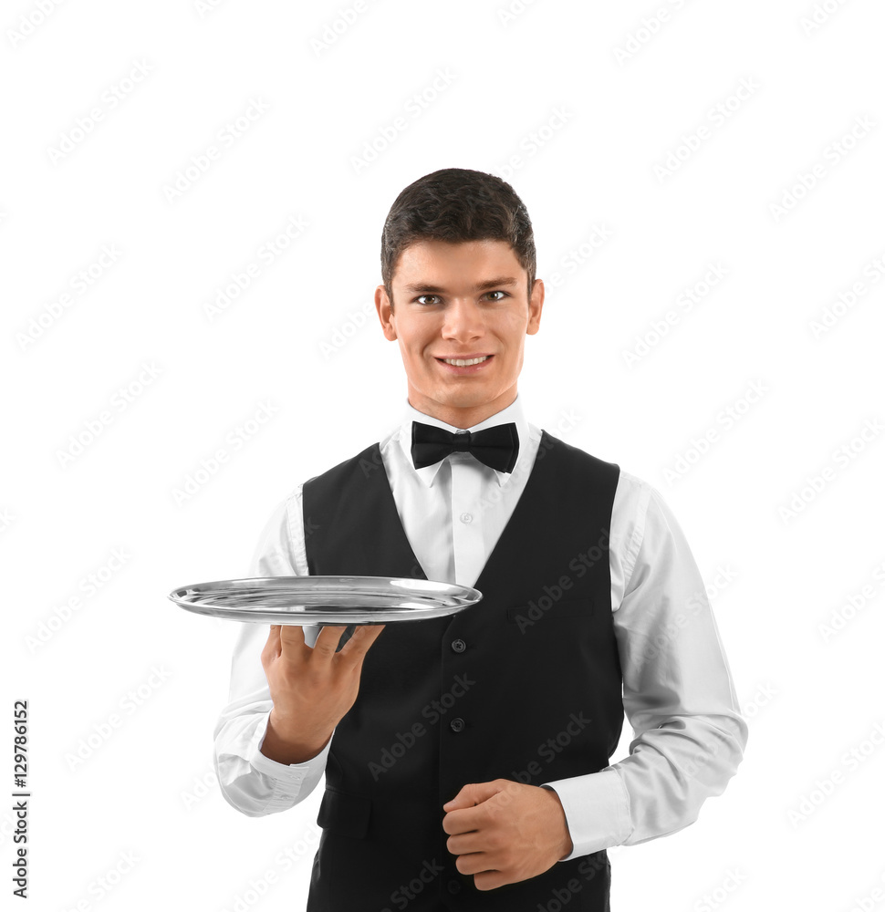 Male waiter holding tray on white background