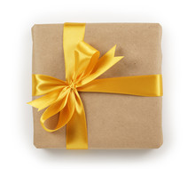 Brown Paper Gift Box With Golden Ribbon Bow Top View, White Background