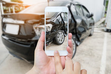 Female Hold Mobile Smartphone Photographing Car Accident