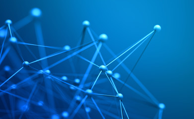 Poster - Abstract 3d rendering of chaotic structure. Plexus background with lines and spheres in empty space. Futuristic shape. Network concept. Modern design for banner, poster, placard.
