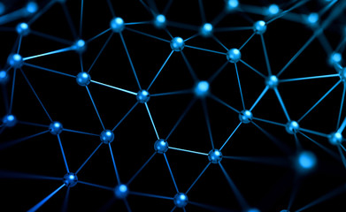 Poster - abstract 3d rendering of chaotic structure. plexus background with lines and spheres in empty space.