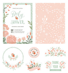 baby shower invitation with seamless background and floral typographic design elements. vector illus