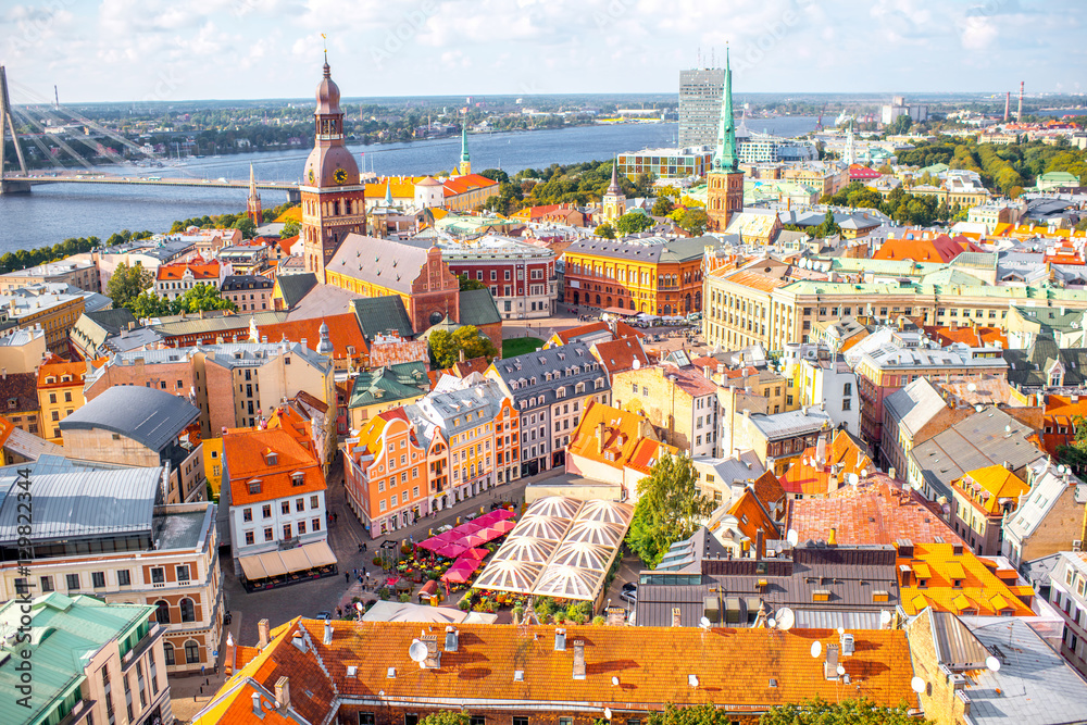 Panoramic aerial view on the old town of Riga city, Latvia - obrazy, fototapety, plakaty 