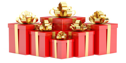 Poster - red gift boxes with golden bow and ribbon, 3d rendering
