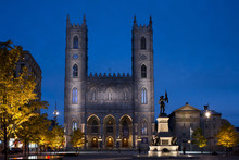 The Notre Dame Cathedral At Dusk In The Place D'Arms, Montreal, Quebec Province, Canada