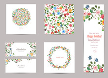 Collection Of Greeting Cards With Cute Flora For And Seamless Te