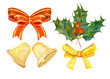 Set Christmas decorations with balls, bows and holly on white ba