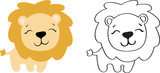 Fototapeta Pokój dzieciecy - drawing of a cartoon cute toy lion - in color and line art