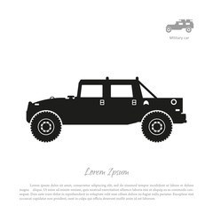 Wall Mural - Black silhouette of military car on white background. War SUV in