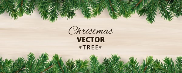 banner with vector christmas tree branches on wooden background.