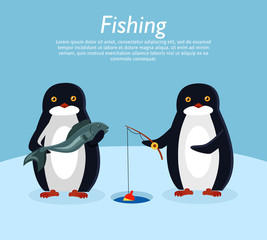 Sticker - Fishing Banner. Penguin Animals on Fish. Vector