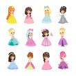 Set of Princesses in Evening Gowns Isolated Vector