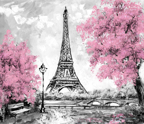 Naklejka dekoracyjna Oil Painting, Paris. european city landscape. France, Wallpaper, eiffel tower. Black, white and pink, Modern art