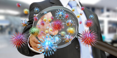 Poster - Close up on a sick man hand through magnifying glass transmittin
