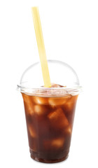 Poster - Plastic cup of iced coffee and straw on white background