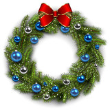 Fototapeta Panele - Christmas wreath on white with glass balls and snow
