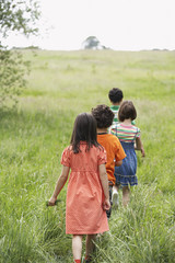 Wall Mural - Rear view of children walking in a row on grassy field