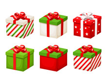 Vector Set Of Red And Green Christmas Gift Boxes With Ribbons And Bows Isolated On A White Background.