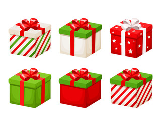 Vector set of red and green Christmas gift boxes with ribbons and bows isolated on a white background.