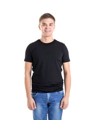 Canvas Print - Handsome young man in blank black t-shirt on white background