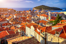 Panorama Dubrovnik Old Town Roofs At Sunset. Europe, Croatia