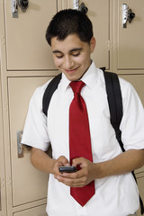 Wall Mural - Happy male student using cell phone to text message by school lockers