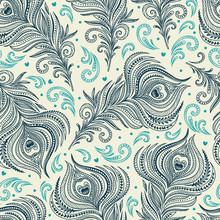 Seamless Pattern With Peacock Feathers. Freehand Drawing