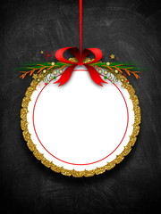 Wall Mural - Blank round decorated ornament frame hanged by red Christmas ribbon against blackboard background