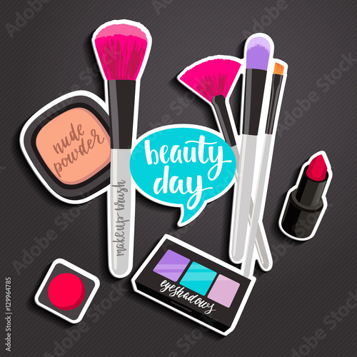 Fashion makeup items patch badges with hearts and speech