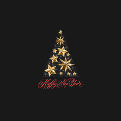 Canvas Print - gold stars christmas tree with hand lettering inscription happy 