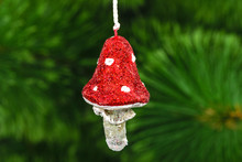 Mushroom Amanita, Vintage Decoration On A Christmas Tree Backgro