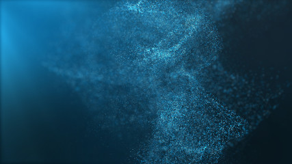 Fototapete - Digital particles floating wave form in the abyss abstract cyber technology de-focus background