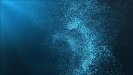 Poster - Digital particles floating wave form in the abyss abstract cyber technology de-focus background