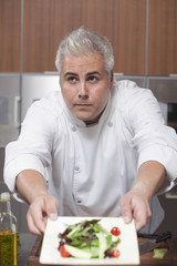 Wall Mural - Male chef presenting freshly prepared side salad in commercial kitchen