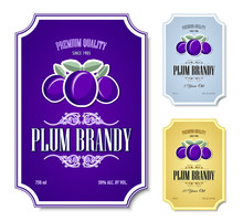 Set Of Plum Brandy Distillate Labels On White Background