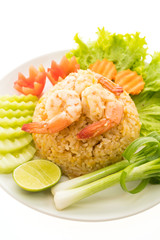 Sticker - Fried rice with shrimp and prawn on top in white plate