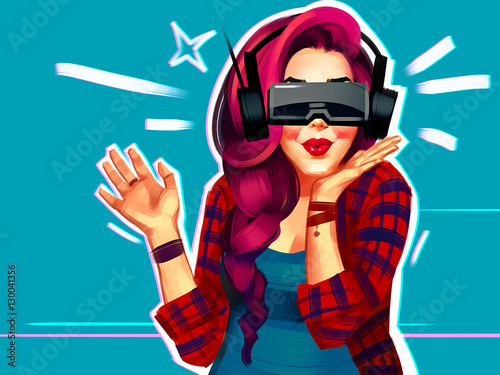 Tapeta ścienna na wymiar Portrait of a happy young woman with emotions from virtual reality. Raster illustration isolated on a blue background. Cartoon comic style. Pin-up. Pop art. 90s style