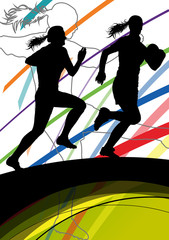 Wall Mural - Active women rugby players young healthy sport silhouettes abstr