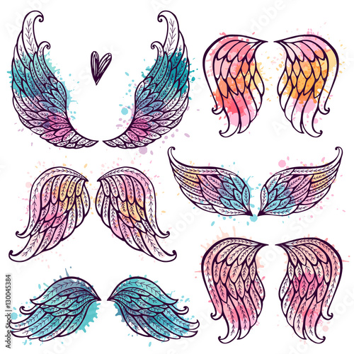 Fotografia, Obraz Set of illustrations with angel wings. Freehand drawing