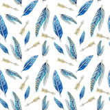 hand painted watercolor seamless pattern with blue feathers and arrows isolated on white. Native Americans tribal style original background
