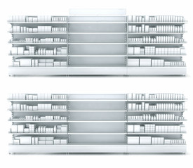 Store shelves with empty department for your goods. 3d illustration isolated on white