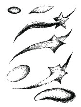 Round And Stars Pen Dots, Round And Stars Pen Points  Four, Five Rays With Comet Tails On A White Background