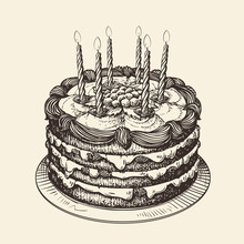 Happy Birthday. Cake With Burning Candles. Sketch Vector Illustration