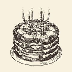 Happy Birthday. Cake with burning candles. Sketch vector illustration