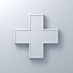 Poster - White plus sign abstract on white wall background with shadow 3D rendering