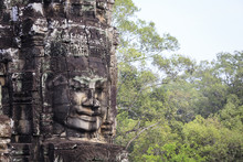 Buddha Face Carved In Stone At The Bayon Temple, Angkor Thom, Angkor, Cambodia