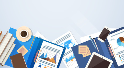 Poster - workplace desk documents papers folder office stuff top angle view flat vector illustration