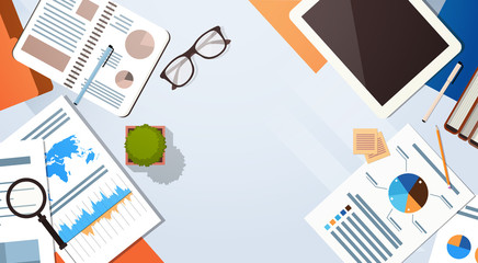 Poster - workplace desk documents papers folder office stuff top angle view flat vector illustration